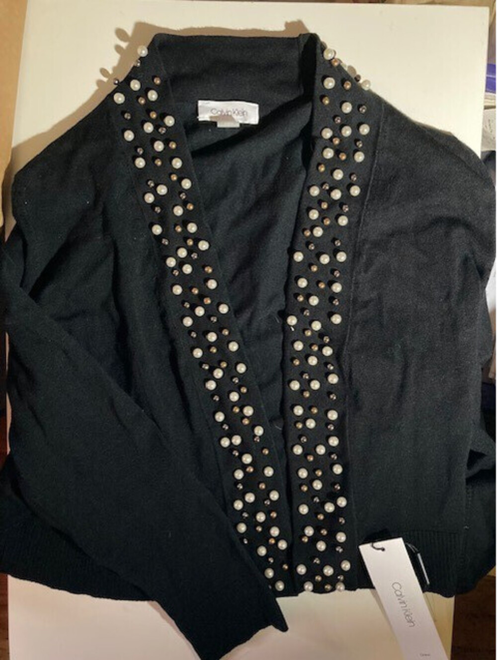 Calvin Klein Black Sweater Studed Faux Pearl Open Cardigan - size L - NWT